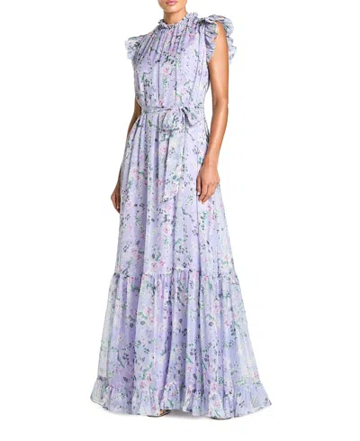 Mac Duggal Printed Chiffon Ruffle Sleeve With Bow Belt Gown In Blue