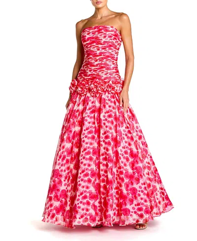 Mac Duggal Printed Chiffon Strapless Drop Waist Ballgown In Multi