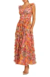 Mac Duggal Printed Floral Mesh Ruffle V Neck Ankle Dress In Multi