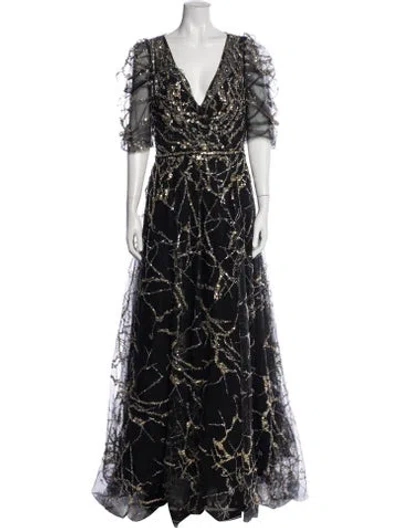 Pre-owned Mac Duggal Printed Long Dress In Black