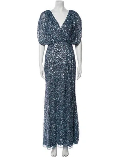 Pre-owned Mac Duggal Printed Long Dress In Blue