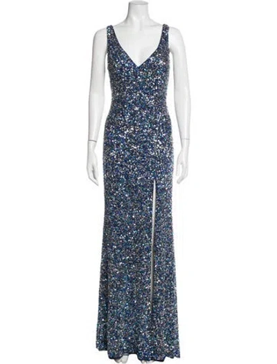 Pre-owned Mac Duggal Printed Long Dress In Blue/metallic