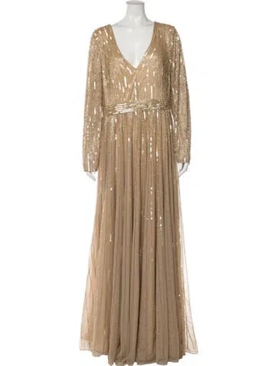 Pre-owned Mac Duggal Printed Long Dress In Gold