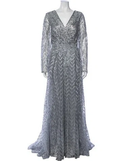 Pre-owned Mac Duggal Printed Long Dress In Gray