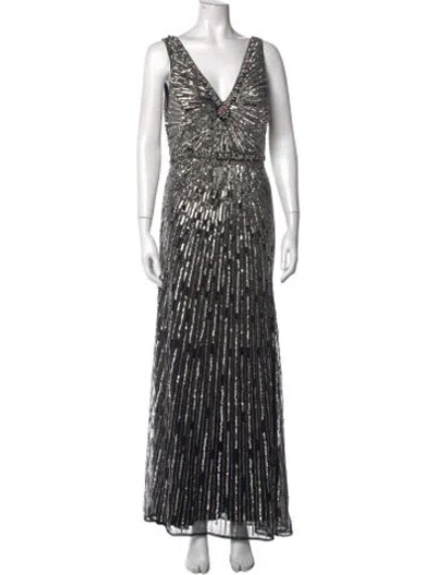 Pre-owned Mac Duggal Printed Long Dress In Grey