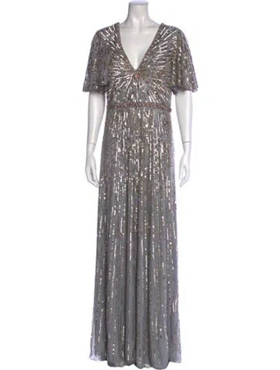 Pre-owned Mac Duggal Printed Long Dress In Grey
