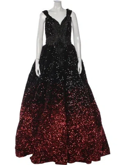 Pre-owned Mac Duggal Printed Long Dress In Red