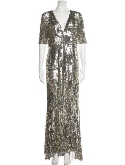 Pre-owned Mac Duggal Printed Long Dress In Silver