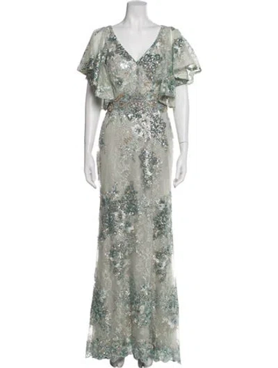 Pre-owned Mac Duggal Printed Long Dress W/ Tags In Blue