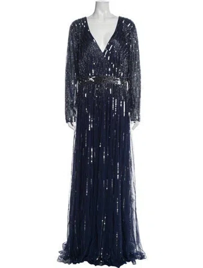 Pre-owned Mac Duggal Printed Long Dress W/ Tags In Blue