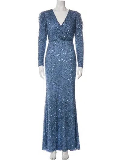 Pre-owned Mac Duggal Printed Long Dress W/ Tags In Blue
