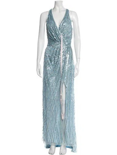Pre-owned Mac Duggal Printed Long Dress W/ Tags In Blue