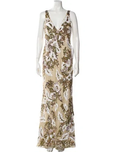 Pre-owned Mac Duggal Printed Long Dress W/ Tags In Gold
