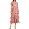 Mac Duggal Printed Long Sleeve Lace Up Front Tiered Ruffle Dress In Rose Multi