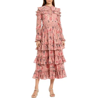 Mac Duggal Printed Long Sleeve Lace Up Front Tiered Ruffle Dress In Rose Multi