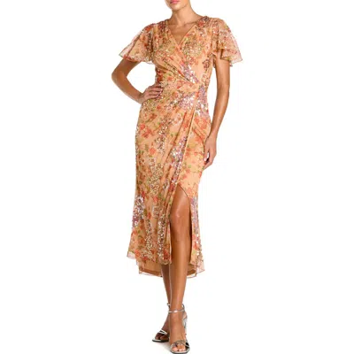 Mac Duggal Printed Mesh Flutter Sleeve Faux Wrap Midi Dress In Multi