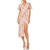 Mac Duggal Printed Mesh Flutter Sleeve Faux Wrap Midi Dress In Rose