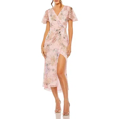 Mac Duggal Printed Mesh Flutter Sleeve Faux Wrap Midi Dress In Rose