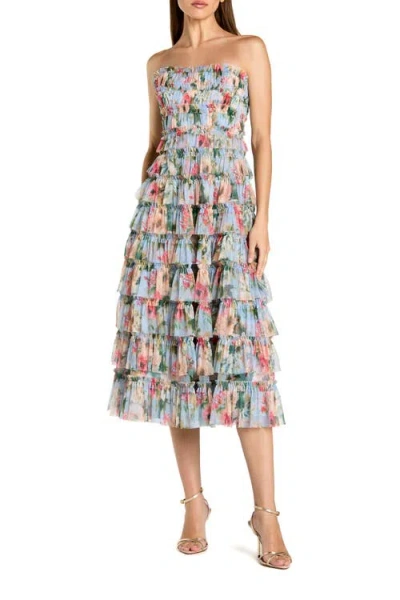 Mac Duggal Printed Mesh Ruffle Strapless Midi Dress In Multi