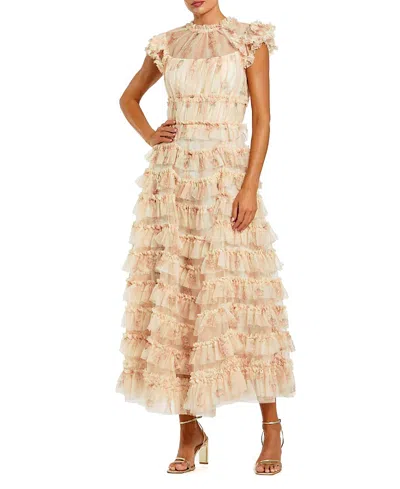 Mac Duggal Printed Mesh Short Sleeve Micro Ruffle Midi Dress In Brown