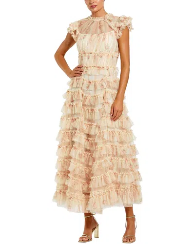 Mac Duggal Printed Mesh Short Sleeve Micro Ruffle Midi Dress In Multi