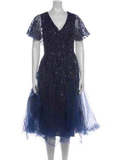 Pre-owned Mac Duggal Printed Midi Length Dress W/ Tags In Blue
