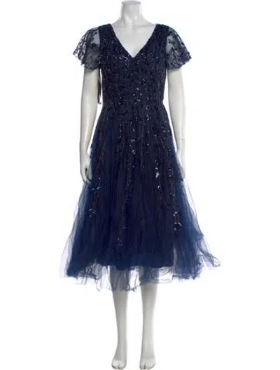 Pre-owned Mac Duggal Printed Midi Length Dress W/ Tags In Blue