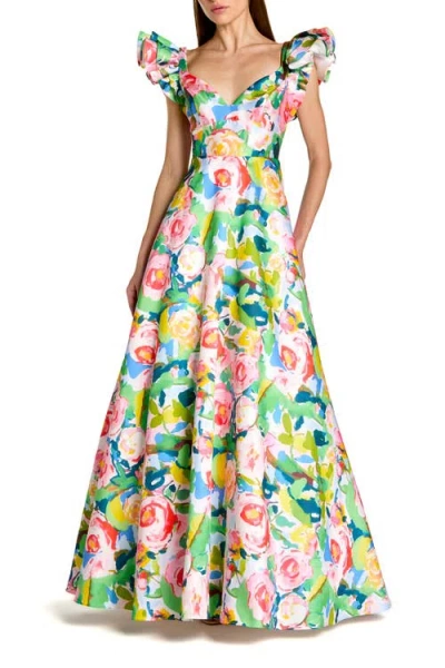 Mac Duggal Printed Mikado Ruffle Sleeve V Neck Ballgown In Pattern