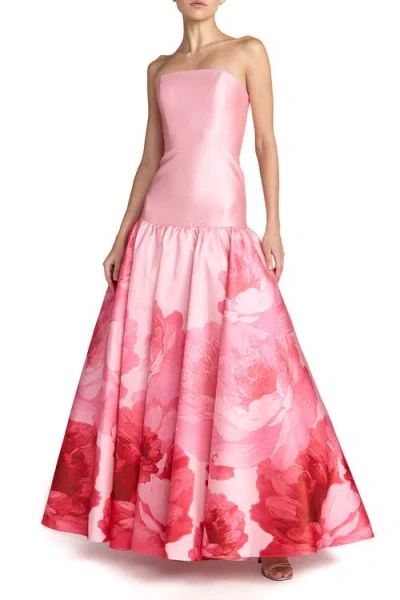 Mac Duggal Printed Mikado Strapless Drop Waist Ballgown In Pink