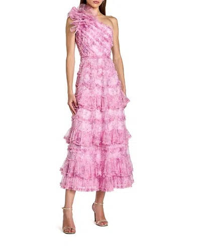 Mac Duggal Printed One Shoulder Ruffled A Line Midi Dress In Gold