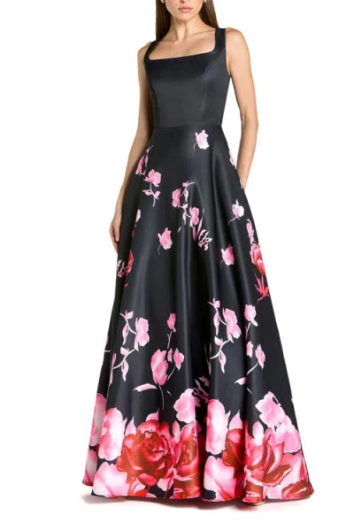 Mac Duggal Printed Satin Sleeveless Square Neck Ballgown In Black