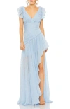 Mac Duggal Metallic Fleck Ruched Ruffle Gown In Ice Blue