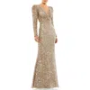 Mac Duggal Long Sleeve Sequin Trumpet Gown In Shimmering Gold