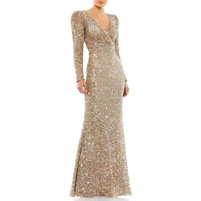 MAC DUGGAL MAC DUGGAL PUFF SHOULDER LONG SLEEVE SEQUINED SURPLICE GOWN