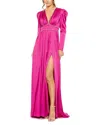 Mac Duggal Crystal Detail Satin Empire Waist Long Sleeve Gown In Purple