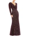 Mac Duggal Puff Shoulder Sequined Surplice Gown In Brown