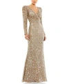 Mac Duggal Long Sleeve Sequin Trumpet Gown In Shimmering Gold-tone