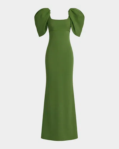 Mac Duggal Puff Sleeve Crepe Column Gown In Green