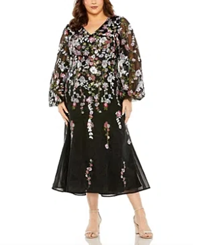 Mac Duggal Puff Sleeve Embellished Plus Size Gown In Black Multi