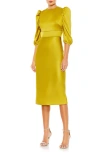 Mac Duggal Puff Sleeve Satin Midi Cocktail Dress In Chartreuse