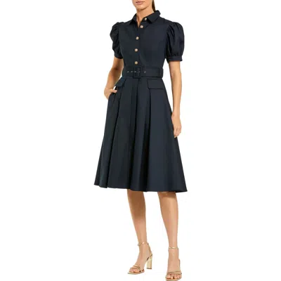 Mac Duggal Puff Sleeve Twill Button Up Midi Dress With Belt In Blue