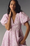 Mac Duggal Puff-sleeve V-neck A-line Knee-length Dress In Purple