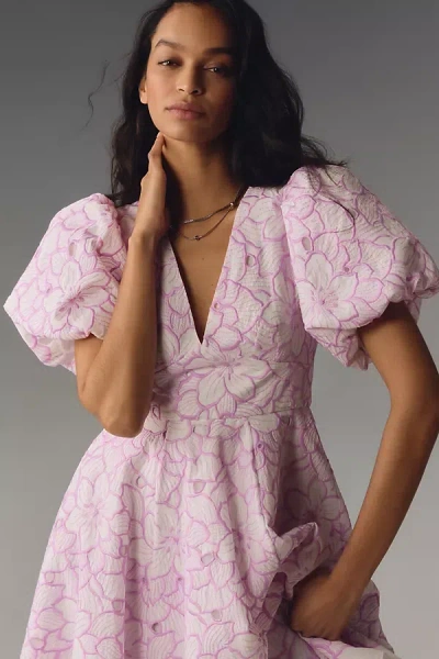 Mac Duggal Puff-sleeve V-neck A-line Knee-length Dress In Orchid White