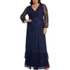 Mac Duggal Puff Sleeve V-neck Tiered Embellished Gown In Blue