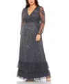 Mac Duggal Puff Sleeve V-neck Tiered Embellished Gown In Charcoal