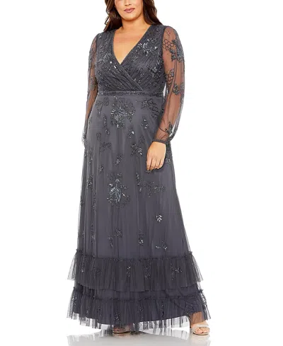 Mac Duggal Puff Sleeve V-neck Tiered Embellished Gown In Charcoal