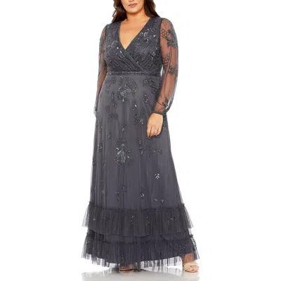 Mac Duggal Puff Sleeve V-neck Tiered Embellished Gown In Charcoal