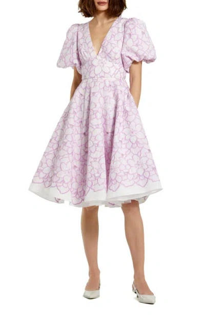 Mac Duggal Puff Sleeves Embroidered V Neckline Floral Dress In Purple