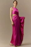 Mac Duggal Purple Charmeuse Fringe Kaftan-sleeve Gown In Pink