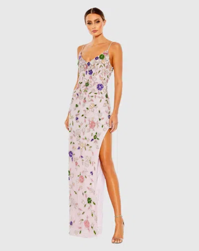Mac Duggal Purple Embellished Lace Sleeveless V Neck Gown In Lilac Multi